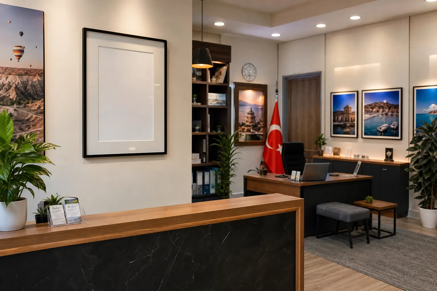 Seyahat acentası ofisinde duvarda asılı belgelendirme çerçevesi ve profesyonel resepsiyon